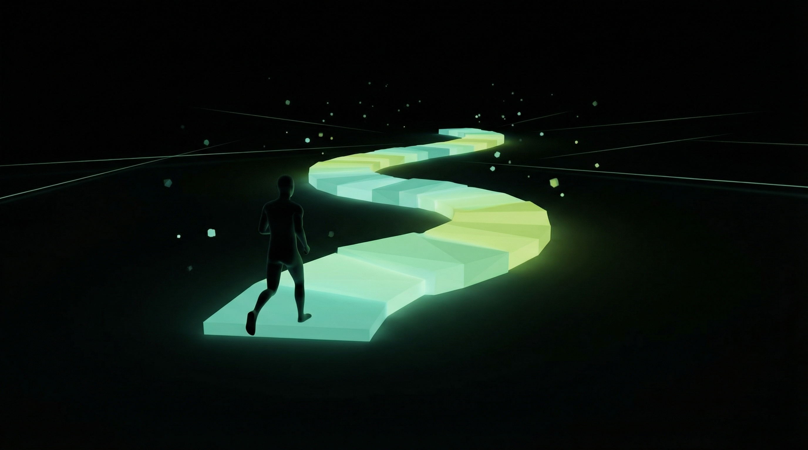 Abstract geometric shapes transitioning from darkness to light, representing transformation through adversity