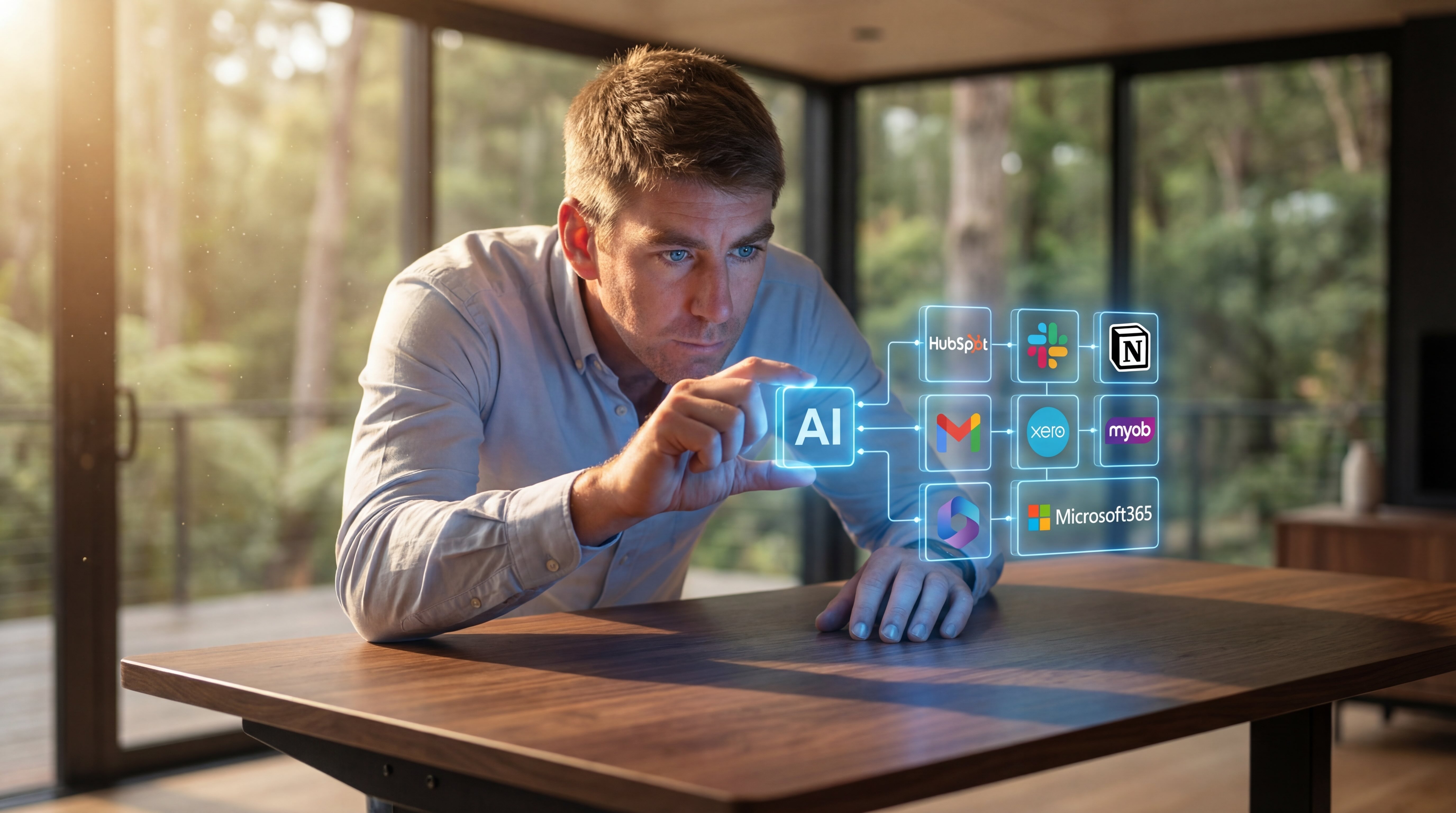 Male subject in flow state manipulating transparent blocks representing technologies on a heads up display, hunched over a desk.